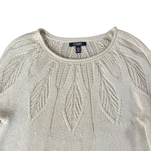 Chaps Womens Size Medium Cream Metallic Sweater Pullover Leaf Pattern - Picture 2 of 13